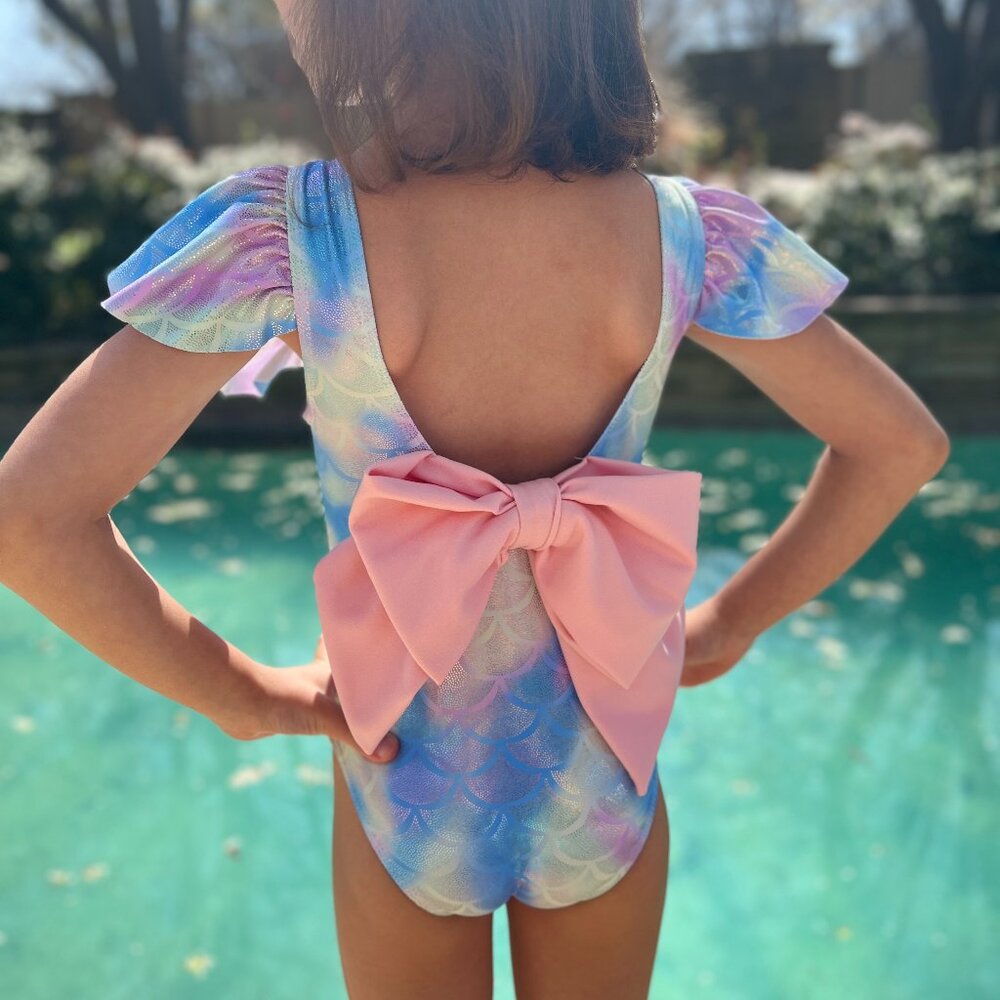 NWT Mia Belle one piece swimsuit mermaid pattern with bow size 2/3T